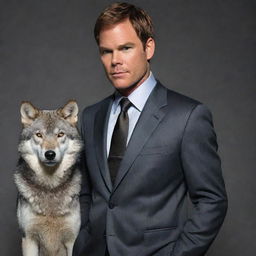 A detailed portrait of Dexter Morgan, from the show 'Dexter', standing beside a gray wolf, who is amusingly dressed in a sophisticated suit