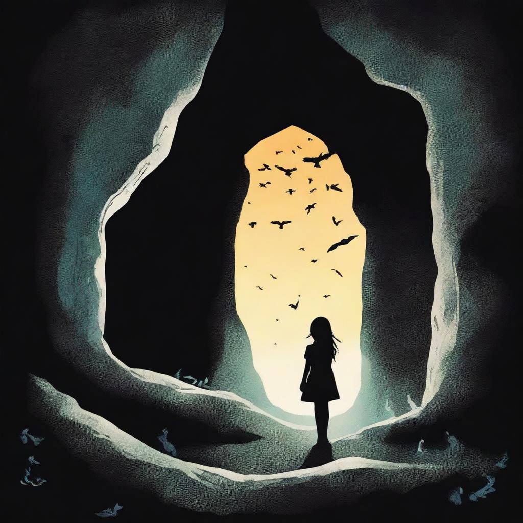 A hauntingly beautiful book cover featuring a dark cave entrance illuminated by an eerie, otherworldly glow