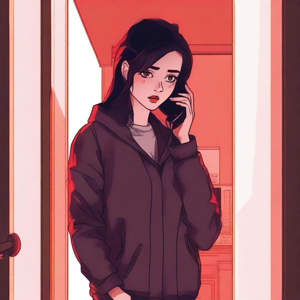 A young woman on the phone, standing in an eerie little apartment