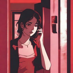 A young woman on the phone, standing in an eerie little apartment