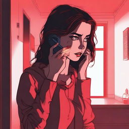 A young woman on the phone, standing in an eerie little apartment