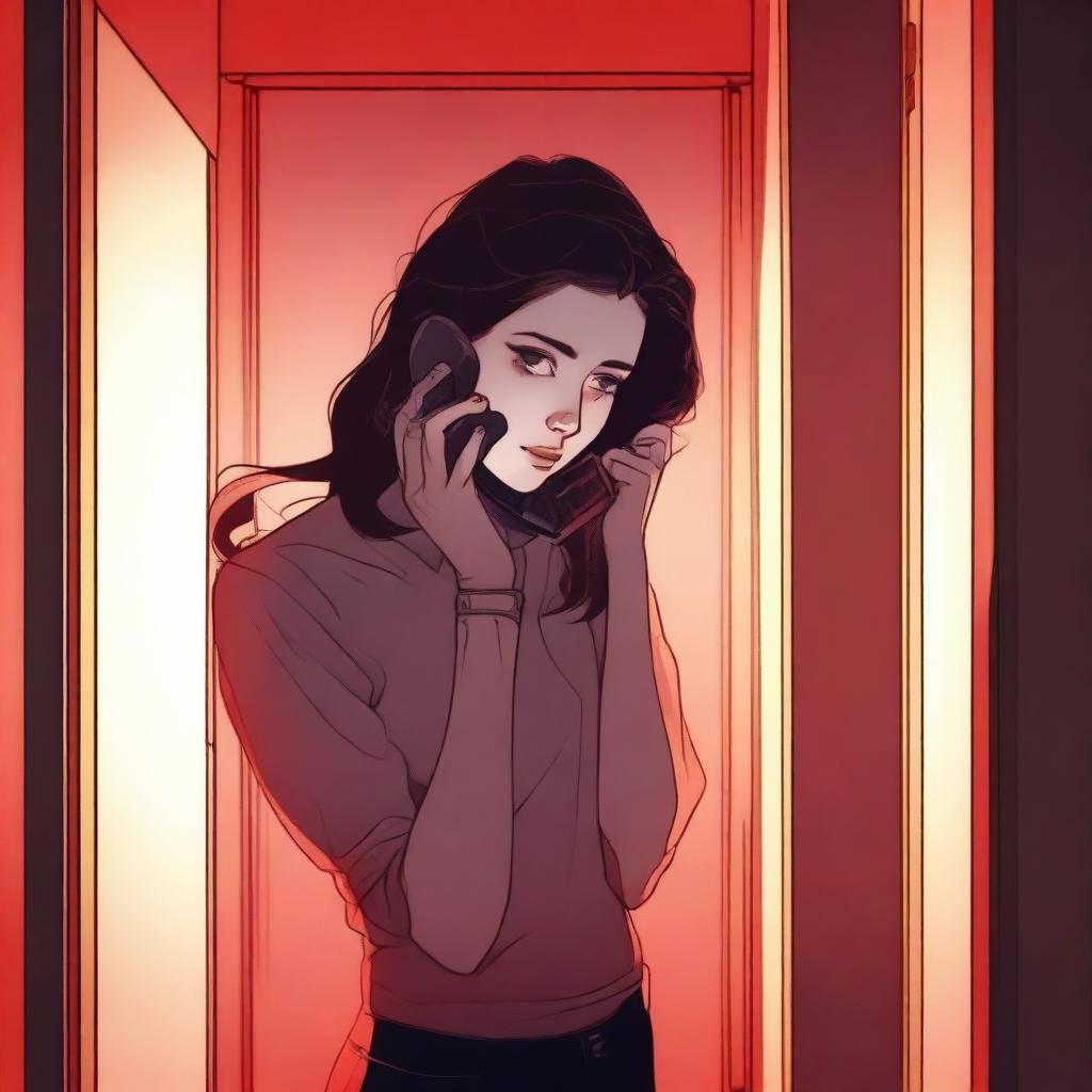 A realistic young woman on the phone, standing in an eerie little apartment