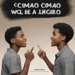 Design a book cover with a 16-year-old black male engaging in a debate with another person. The book title is 'Como tornei o maior palpiteiro do mundo' and the author's name is Shoz.