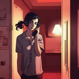 A realistic young woman on the phone, standing in an eerie little apartment