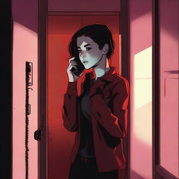 A realistic young woman on the phone, standing in an eerie little apartment