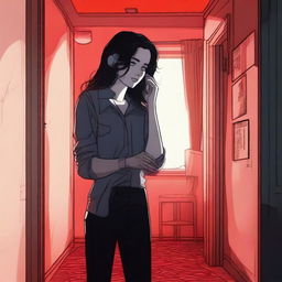 A realistic young woman on the phone, standing in an eerie little apartment