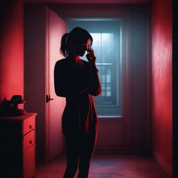 A realistic young woman is on the phone, standing in an eerie little apartment