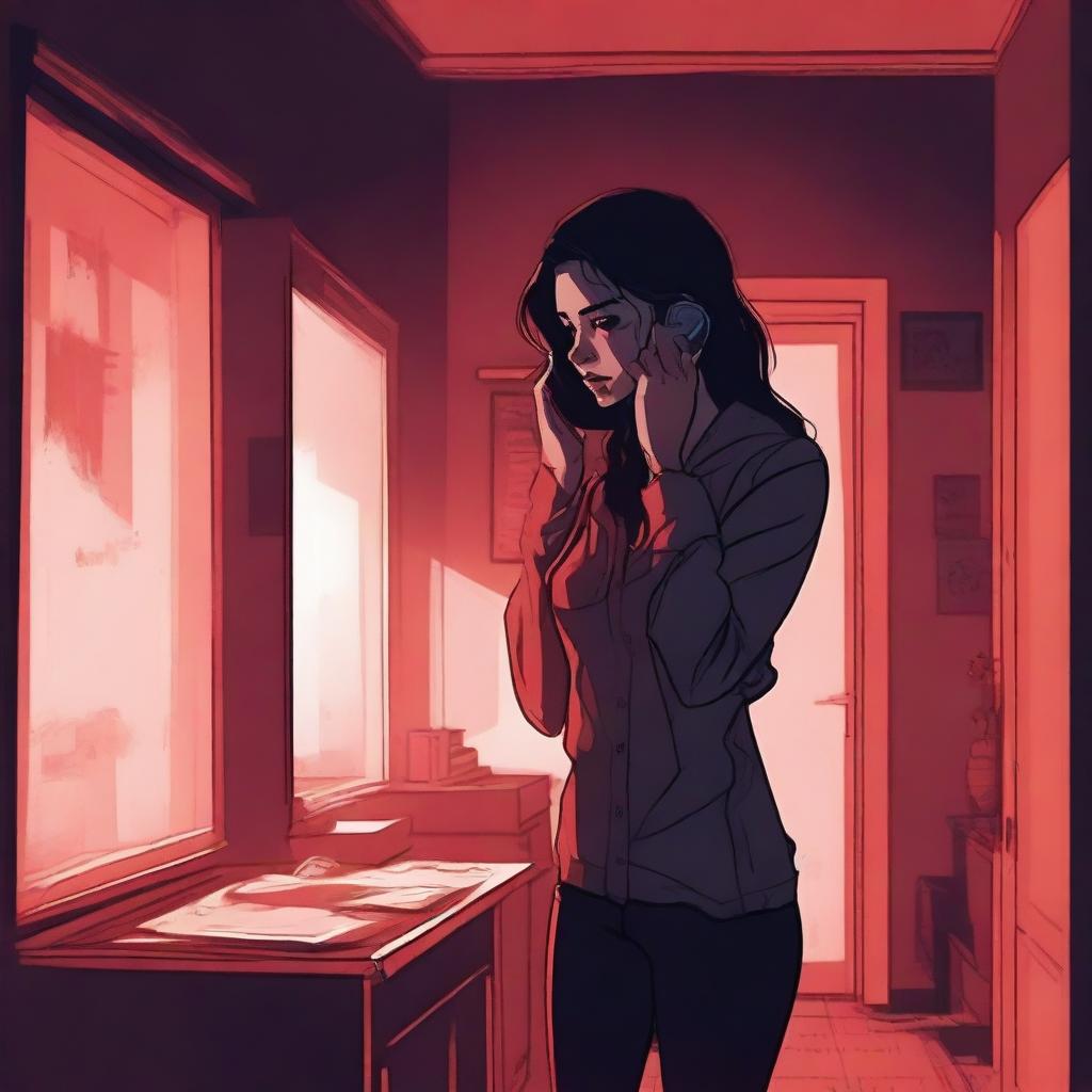 A realistic young woman is on the phone, standing in an eerie little apartment