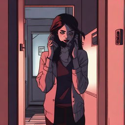 A realistic young woman is on the phone, standing in an eerie little apartment