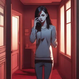 A realistic young woman is on the phone, standing in an eerie little apartment