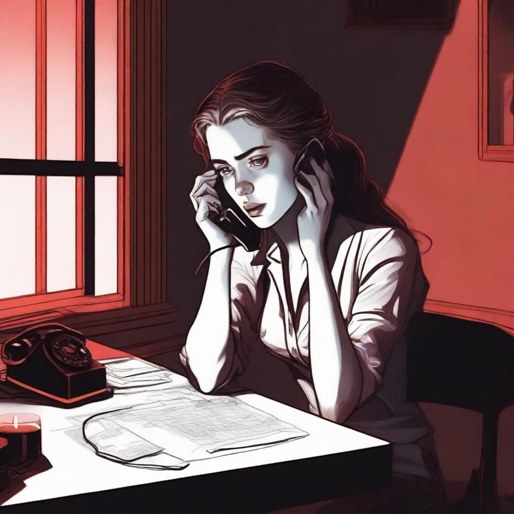 A realistic depiction of a young woman on the phone, sitting at a desk in an eerie little apartment