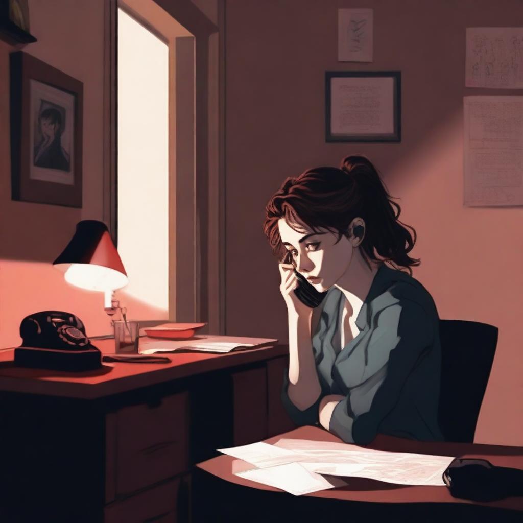 A realistic depiction of a young woman on the phone, sitting at a desk in an eerie little apartment