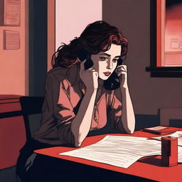 A realistic depiction of a young woman on the phone, sitting at a desk in an eerie little apartment