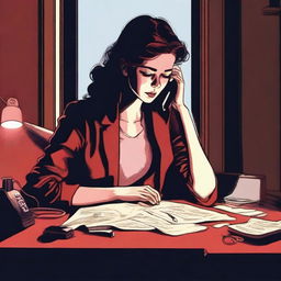 A realistic depiction of a young woman on the phone, sitting at a desk in an eerie little apartment