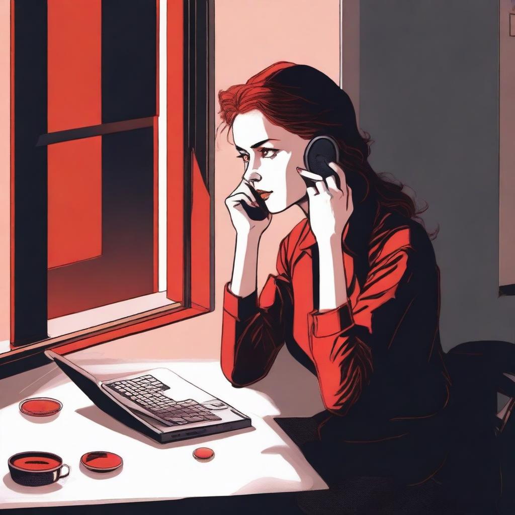 A realistic depiction of a young woman sitting at a desk in an apartment, talking on her mobile phone