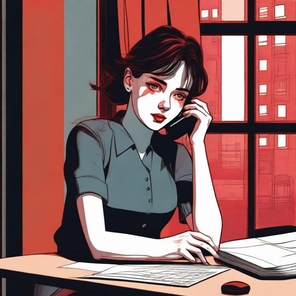 A realistic depiction of a young woman sitting at a desk in an apartment, talking on her mobile phone