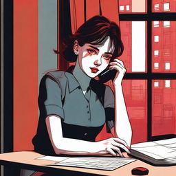 A realistic depiction of a young woman sitting at a desk in an apartment, talking on her mobile phone