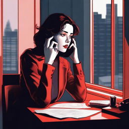 A realistic depiction of a young woman sitting at a desk in an apartment, talking on her mobile phone