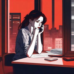 A realistic depiction of a young woman sitting at a desk in an apartment, talking on her mobile phone