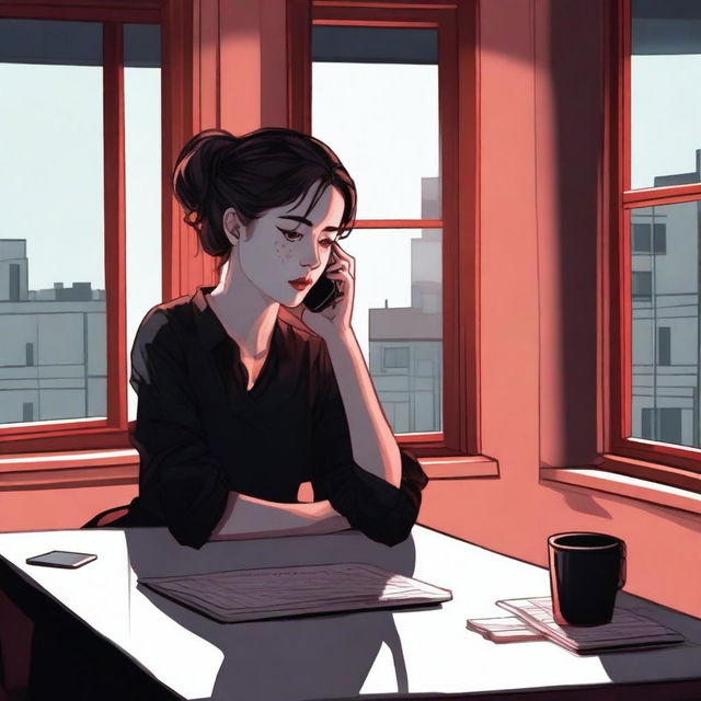 A realistic scene of a young woman sitting at a desk in her apartment, using her mobile phone