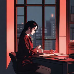 A realistic scene of a young woman sitting at a desk in her apartment, using her mobile phone