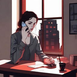 A realistic scene of a young woman sitting at a desk in her apartment, using her mobile phone