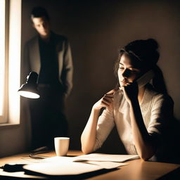 A young woman is sitting at a desk, engrossed in her mobile phone