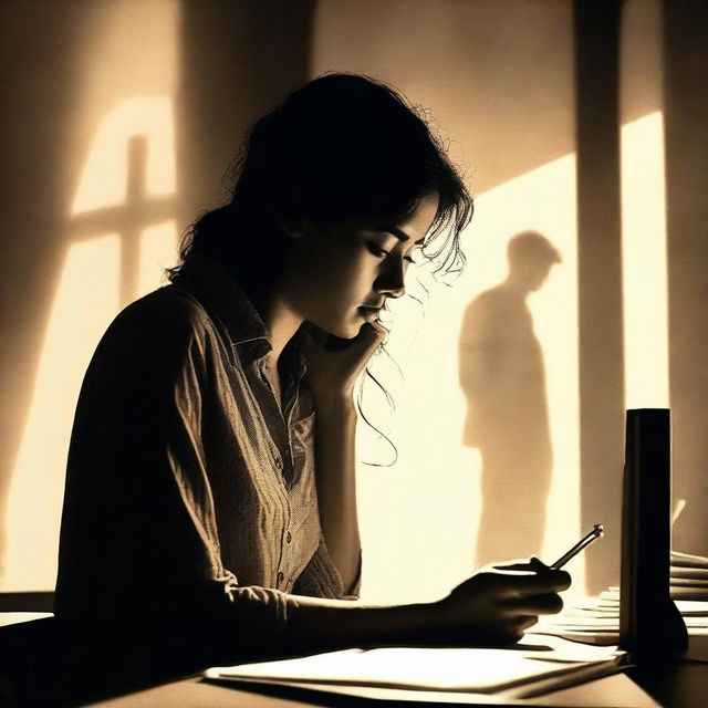 A young woman is sitting at a desk, engrossed in her mobile phone