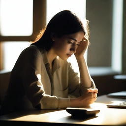 A young woman is sitting at a desk, engrossed in her mobile phone