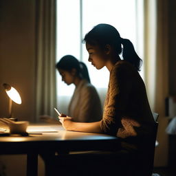 A young woman is sitting at a desk, engrossed in her mobile phone