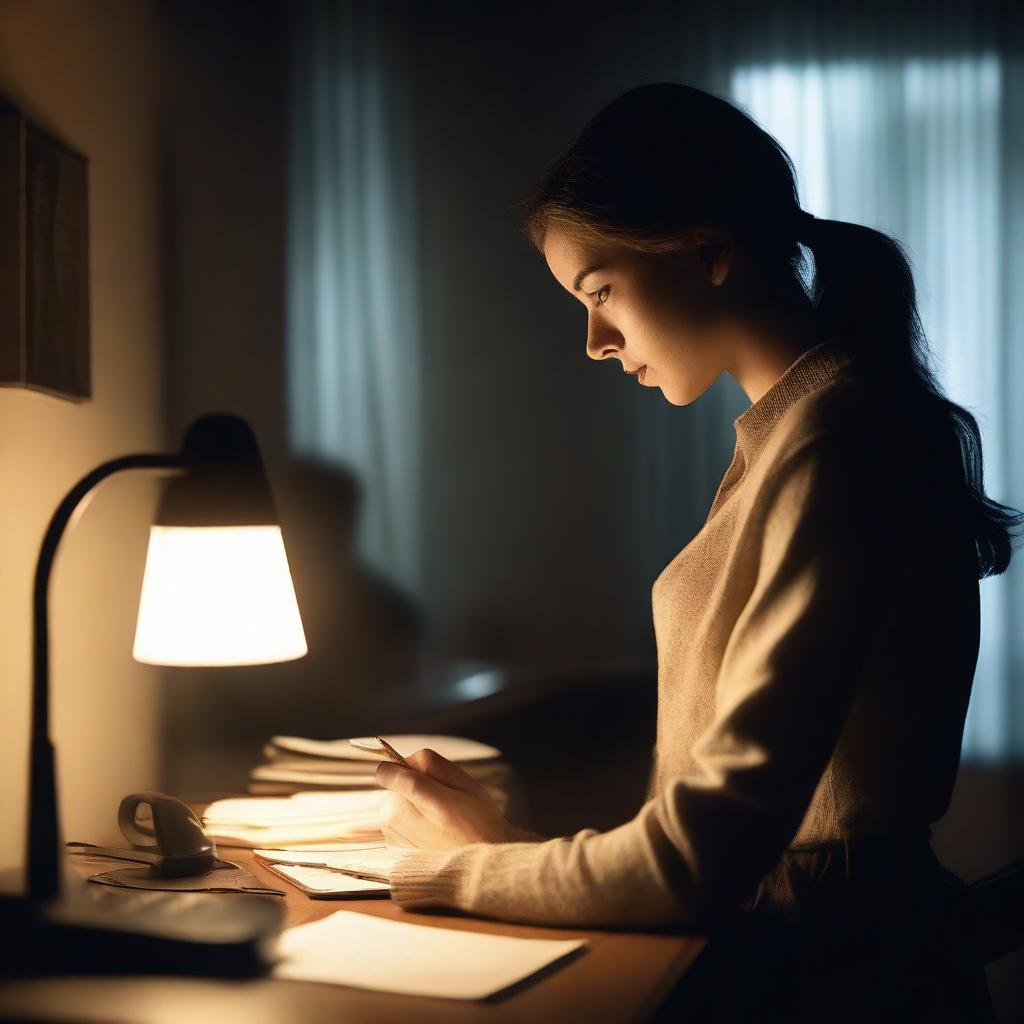 A young woman is sitting at a desk, engrossed in her mobile phone