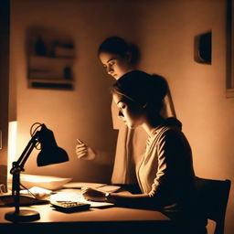 A young woman is sitting at a desk, engrossed in her mobile phone