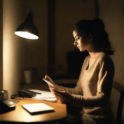 A young woman is sitting at a desk, engrossed in her mobile phone