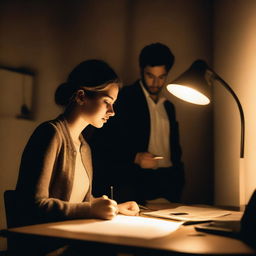 A young woman is sitting at a desk, engrossed in her mobile phone