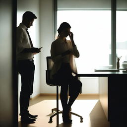 A young woman is sitting at a desk, focused on her mobile phone