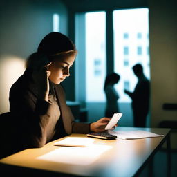 A young woman is sitting at a desk, focused on her mobile phone