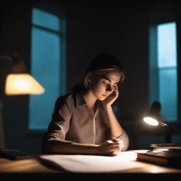 A young woman is sitting at a desk at night, illuminated by the light from her mobile phone