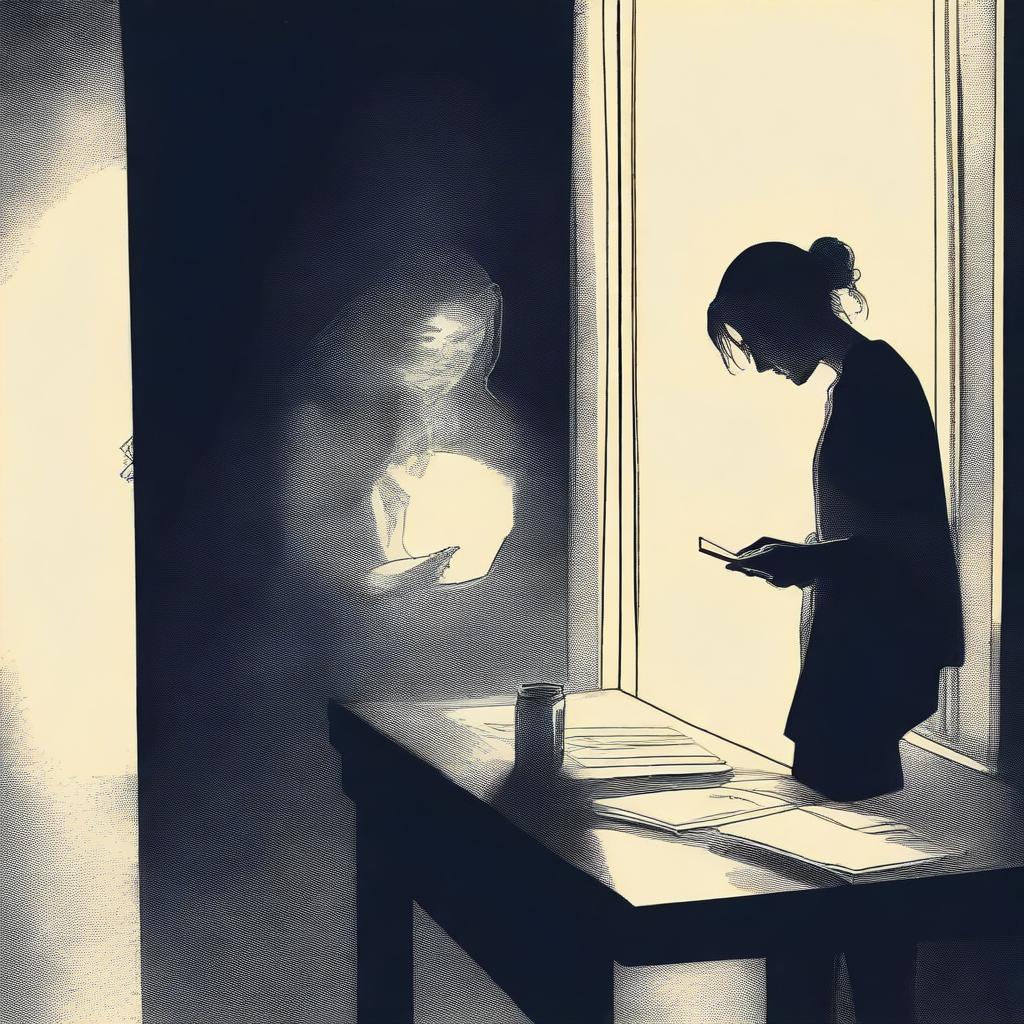 A young woman is sitting at a desk at night, illuminated by the light from her mobile phone