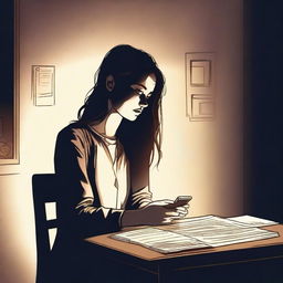 A young woman is sitting at a desk at night, illuminated by the light from her mobile phone