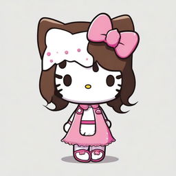 A cute Hello Kitty character with freckles and dark brown wavy hair without bangs