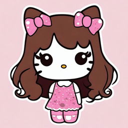 A cute Hello Kitty character with freckles and dark brown wavy hair without bangs