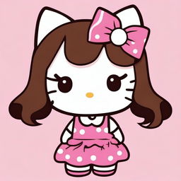 A cute Hello Kitty character with freckles and dark brown wavy hair without bangs