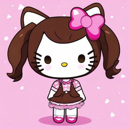 A cute Hello Kitty character with freckles and dark brown wavy hair without bangs