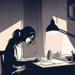 A young woman is sitting at a desk at night, engrossed in her mobile phone