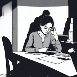 A young woman is sitting at a desk at night, engrossed in her mobile phone