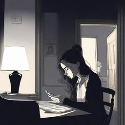 A young woman is sitting at a desk at night, engrossed in her mobile phone