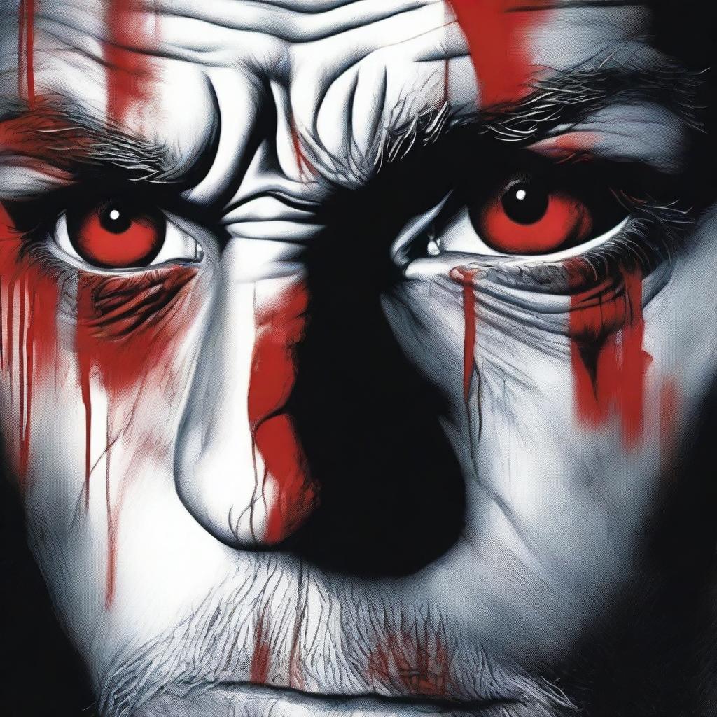 A highly realistic depiction of bloodshot eyes staring intensely from out of the shadows