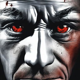 A realistic depiction of bloodshot eyes staring intensely from out of the shadows