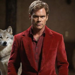 Dexter Morgan from the series 'Dexter', dressed in his usual forensic analyst outfit, standing beside a majestic furry wolf adorned in a vibrant red dress.