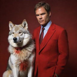 Dexter Morgan from the series 'Dexter', dressed in his usual forensic analyst outfit, standing beside a majestic furry wolf adorned in a vibrant red dress.